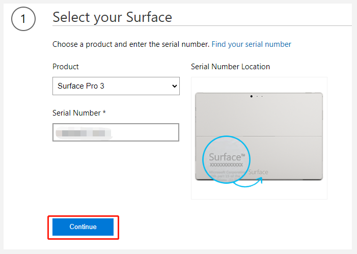 select Surface product and enter the serial number
