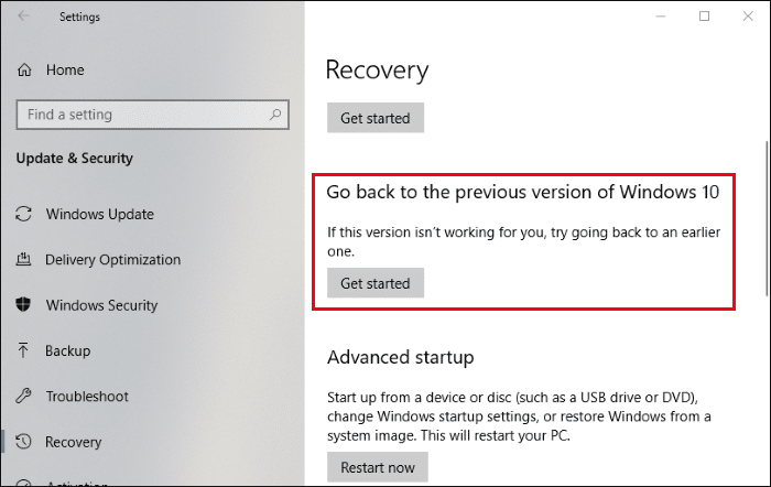 go back to the previous version of Windows 10