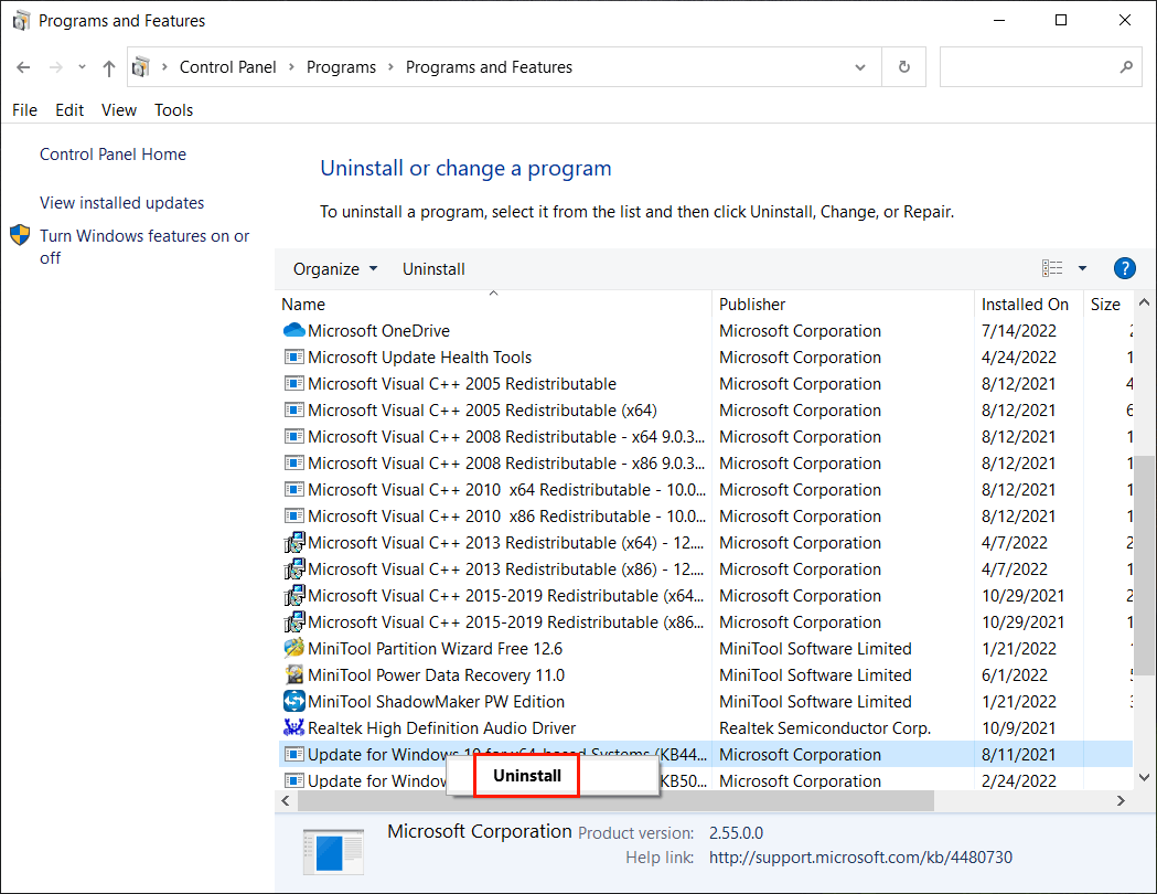 uninstall Windows 10 updates