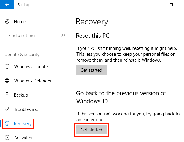 go back to the previous version of Windows 10