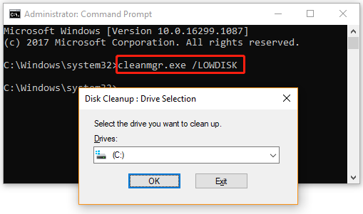 run cleanmgr lowdisk command
