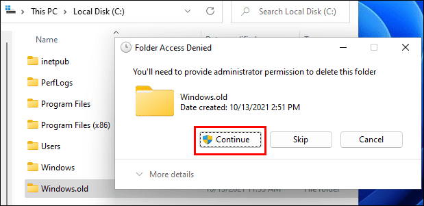 click Continue to delete Windows.old folder