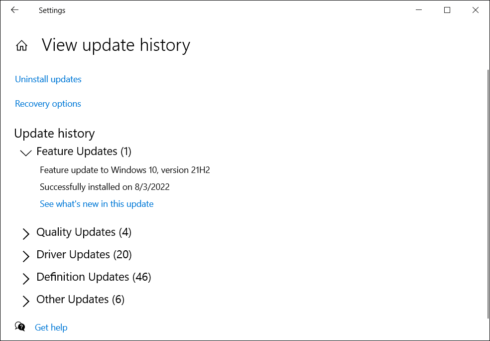 view update history on Windows 10