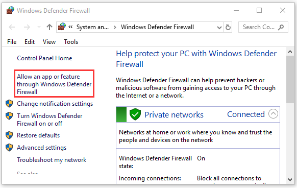 select Allow an app or feature through Windows Defender Firewall