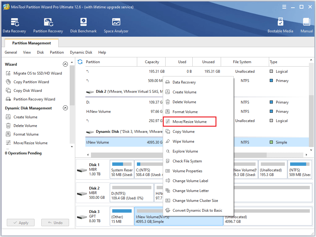 select the Move/Resize Volume feature