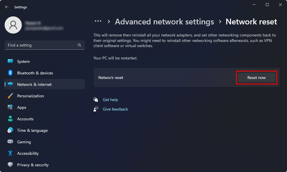 reset network on Windows 11