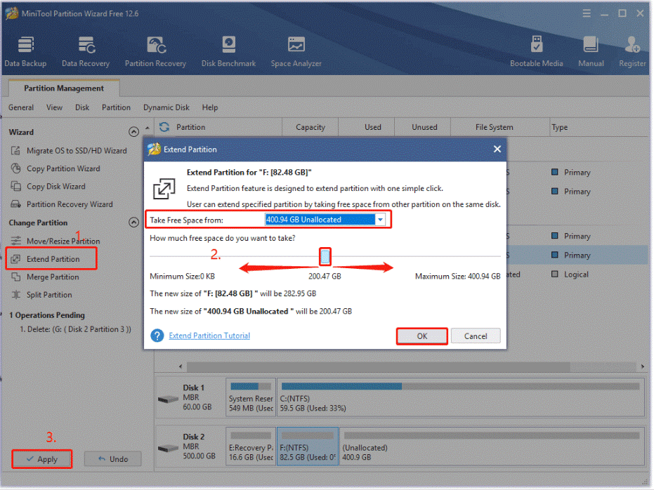 extend partition using the MiniTool software