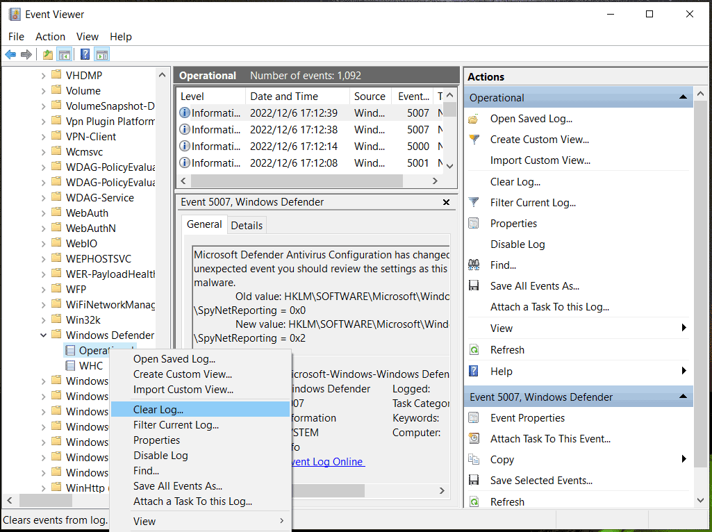 Καθαρίστε το λειτουργικό αρχείο καταγραφής στον αμυντικό των Windows