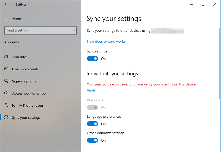 sync your settings on Windows 10