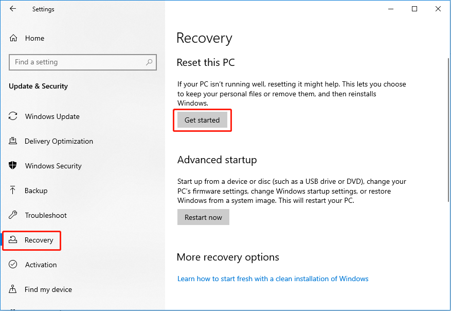 reset this PC on Windows 10