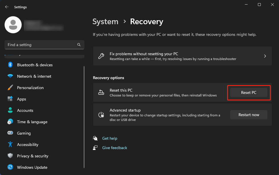 reset this PC on Windows 11