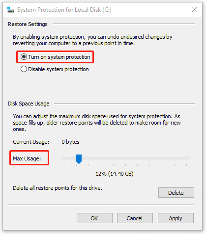 click Turn on system protection