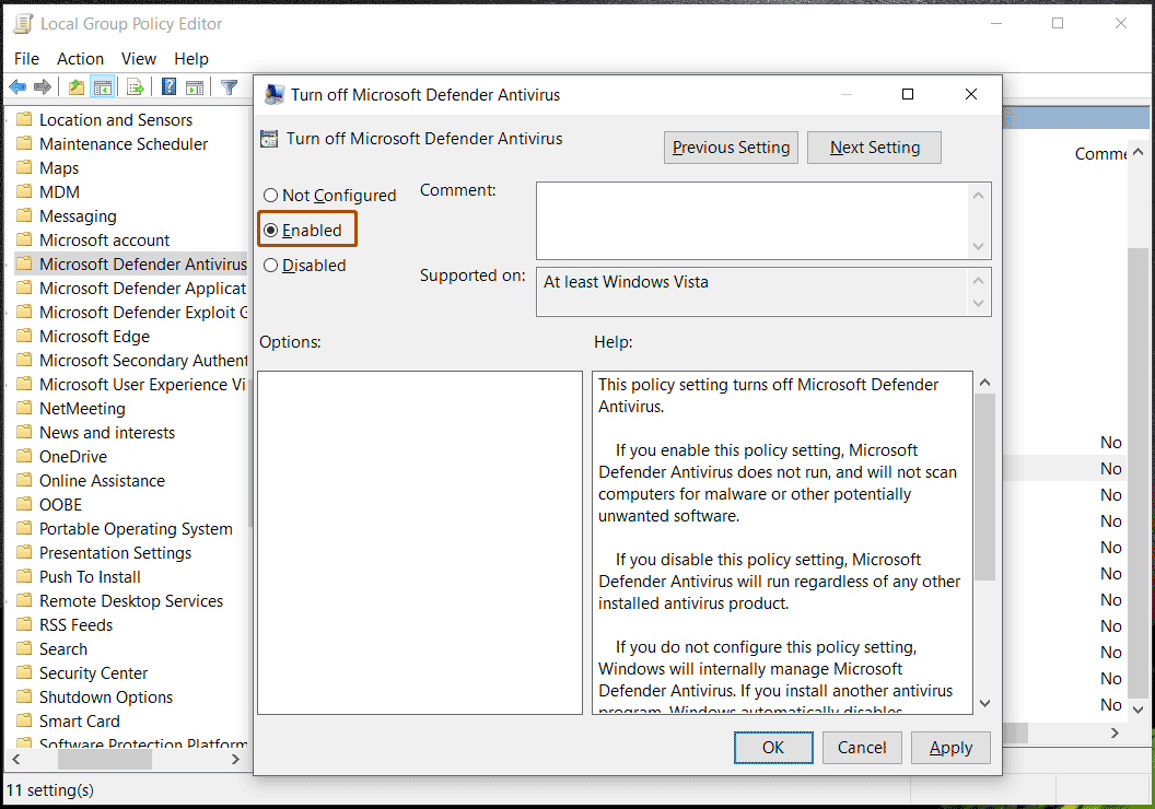 Disattiva il difensore di Windows nella politica di gruppo