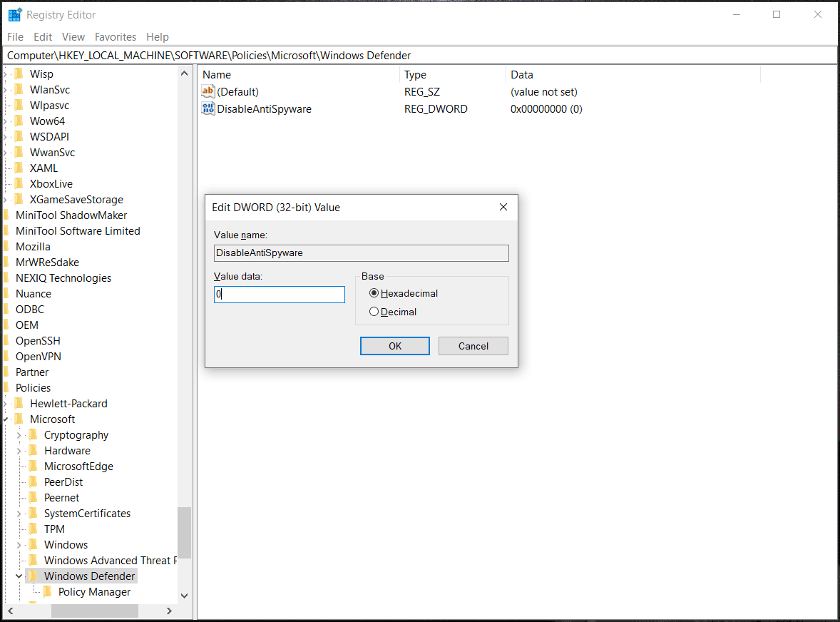 disable Windows Defender via registry editor