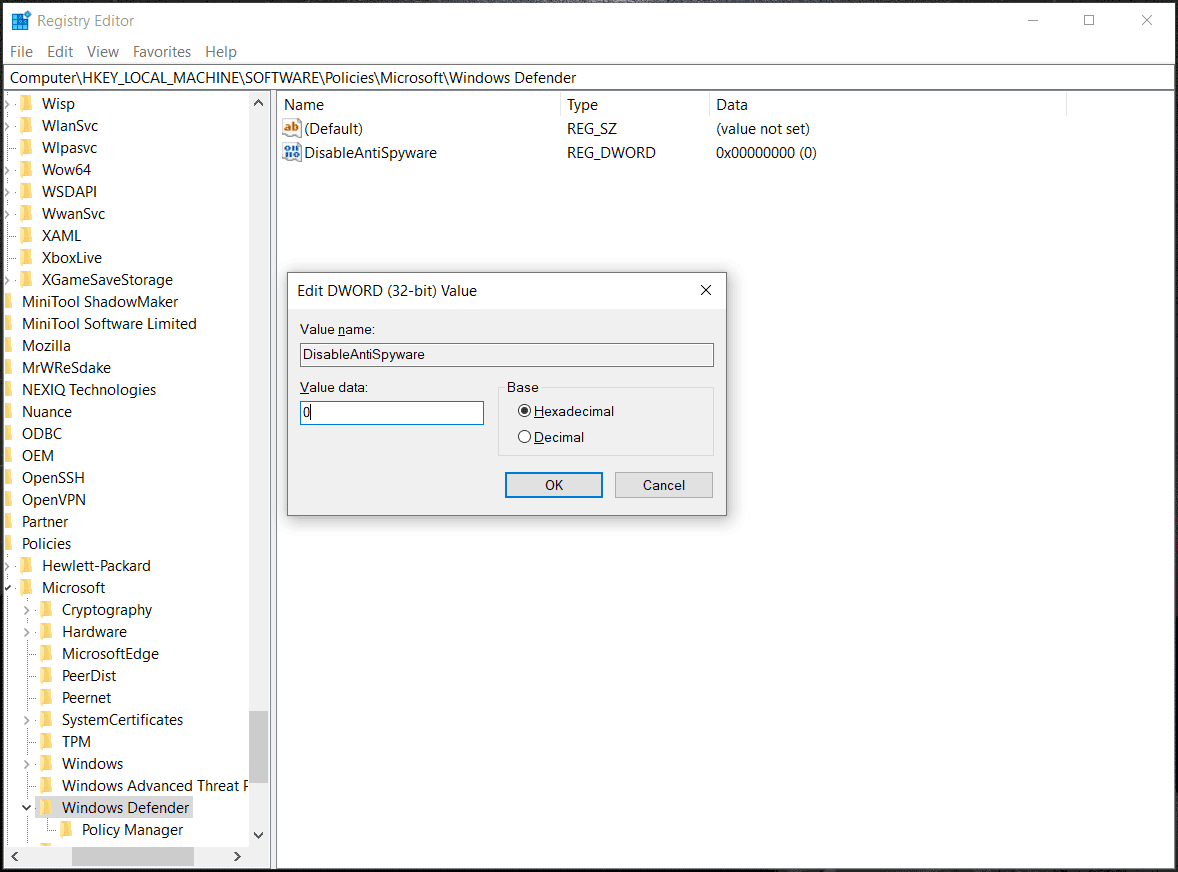 Disabilita Windows Defender tramite Registry Editor