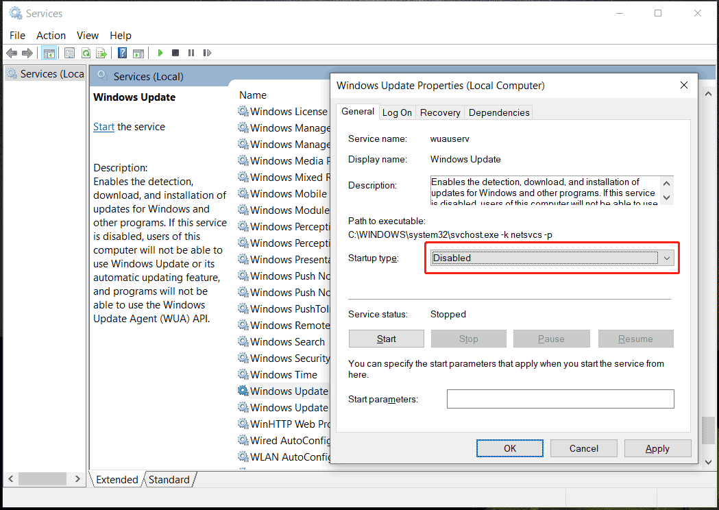 Disabilita Windows Update