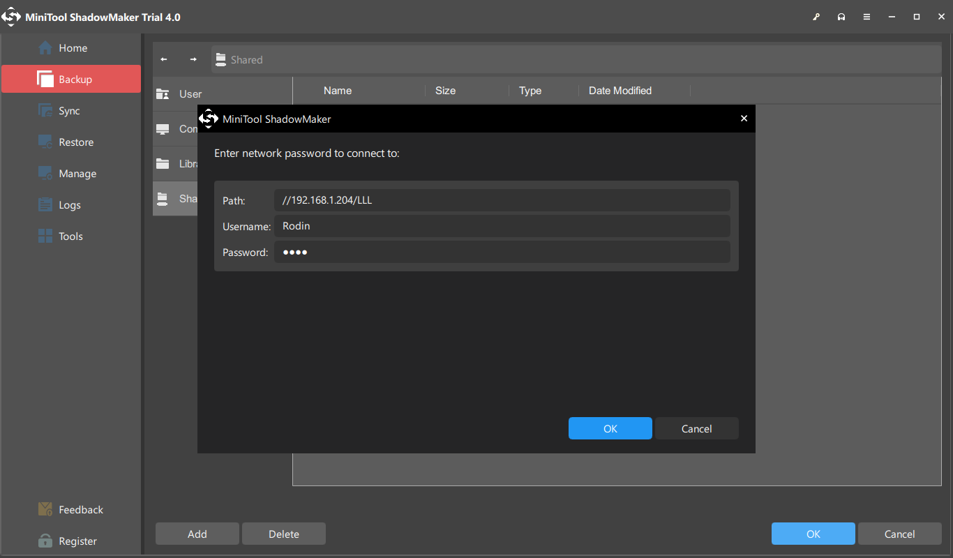 enter path and username and password