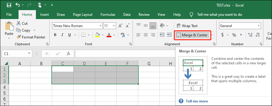 click Merge & Center