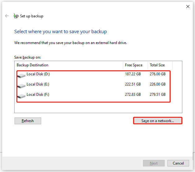 select where you want to save the backup