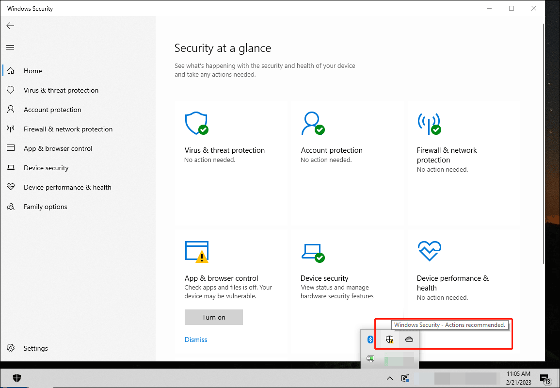 Windows Security - Actions recommended