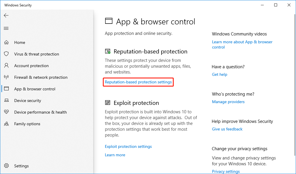 click Reputation-based protection settings