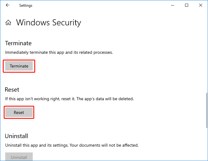 restart and reset Windows Security