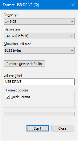 start formatting the USB drive
