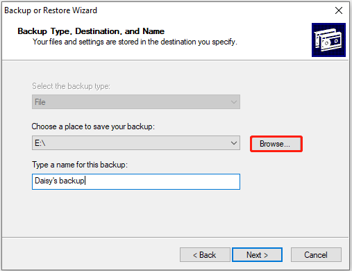choose the backup destination and type a name