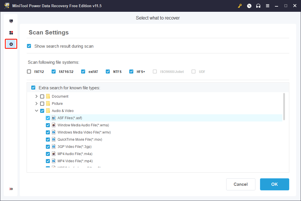 select the video types you want to recover