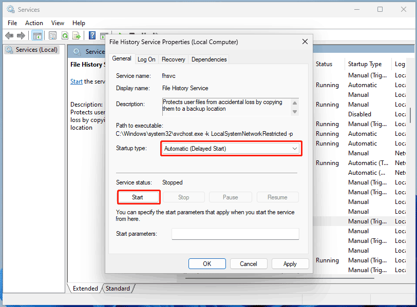 enable File History Service