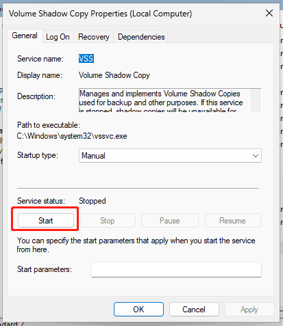 enable Volume Shadow Copy