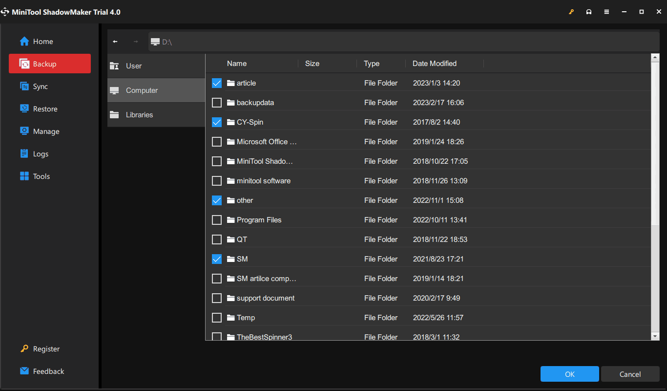 back up folders MiniTool ShadowMaker