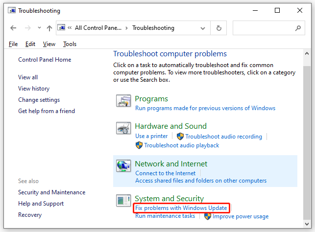 choose Fix problems with Windows Update