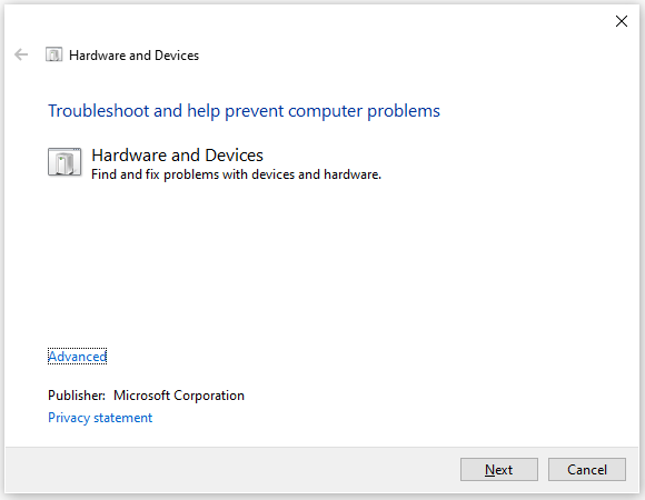 open the Hardware and Devices window