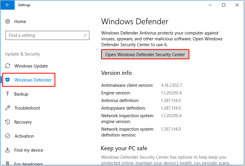 open Windows Defender