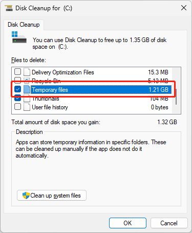 select Temporary files