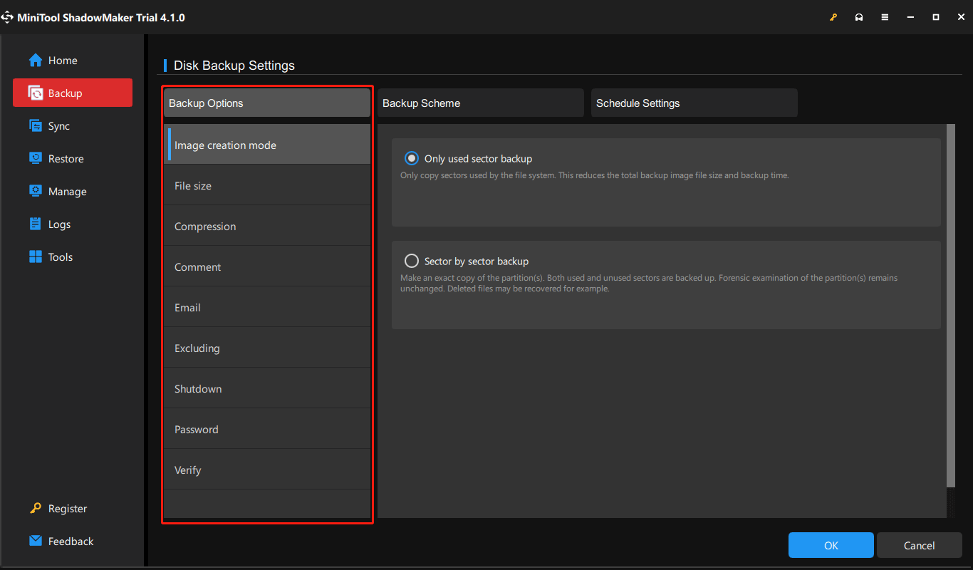 backup options of MiniTool ShadowMaker
