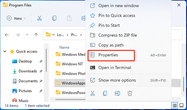 select Properties for WIndowsApps