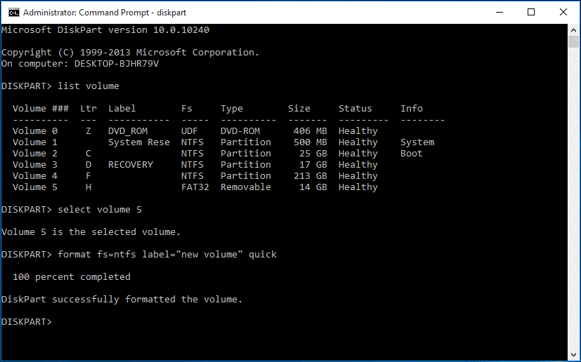 formatee la unidad USB usando diskpart
