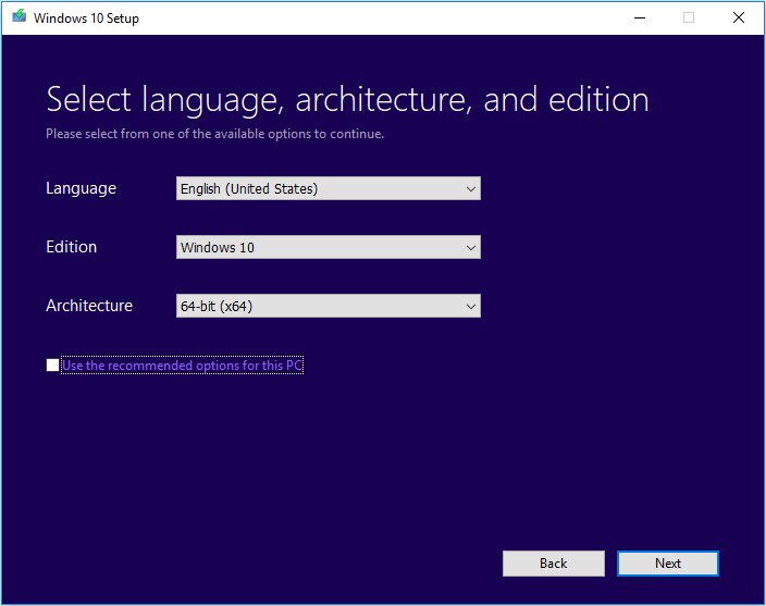 elija el idioma, la edición y la arquitectura para la instalación de Windows 10