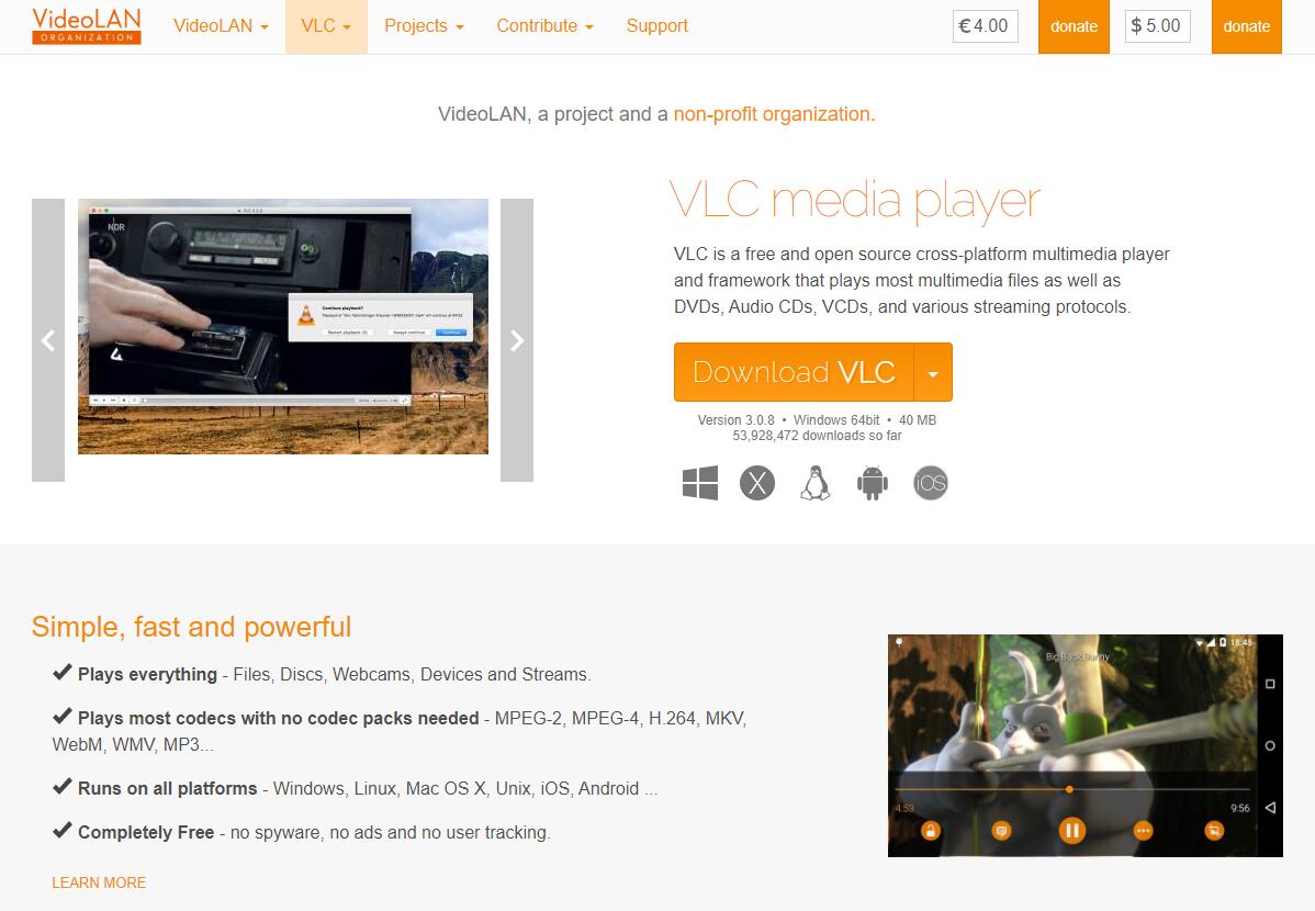 la página de descarga de VCL Media Player