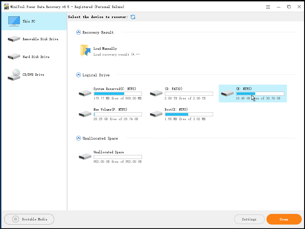 la interfaz principal de MiniTool Power Data Recovery