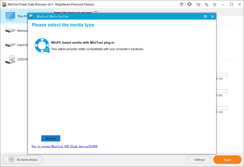  Haga clic en los medios basados en WinPE con el complemento MiniTool