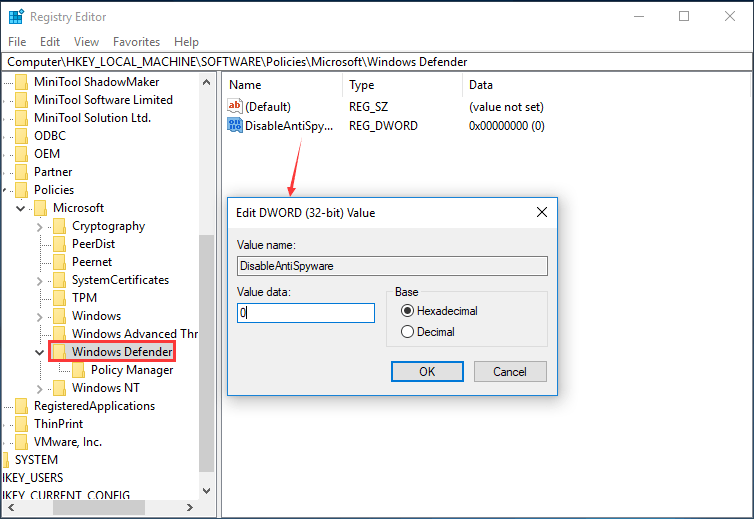 establezca los datos de valor DisableAntiSpyware de Windows Defender en 0
