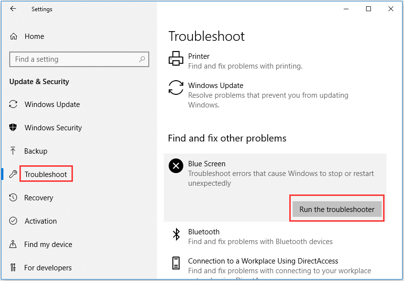 ejecutar el solucionador de problemas de BSOD de Windows 10