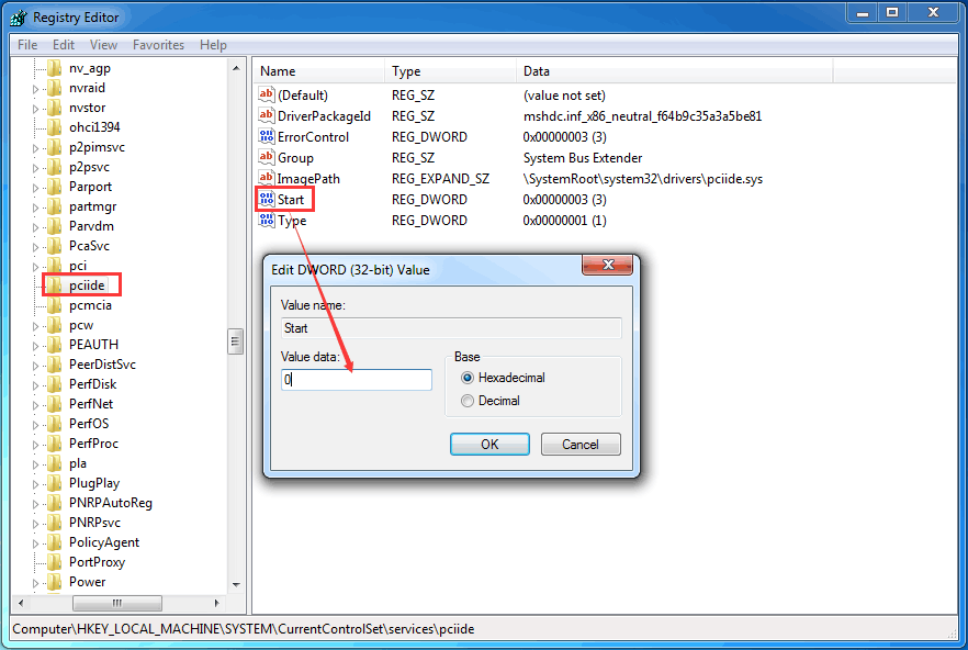 cambiar los datos del valor pciide a 0 en Windows 7