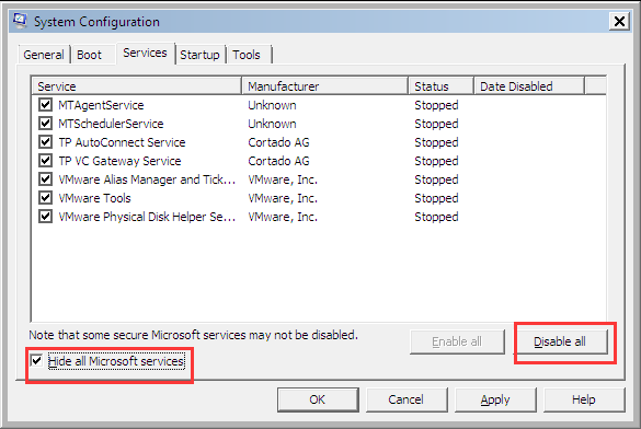 marque Ocultar todos los servicios de Microsoft y haga clic en Deshabilitar todo
