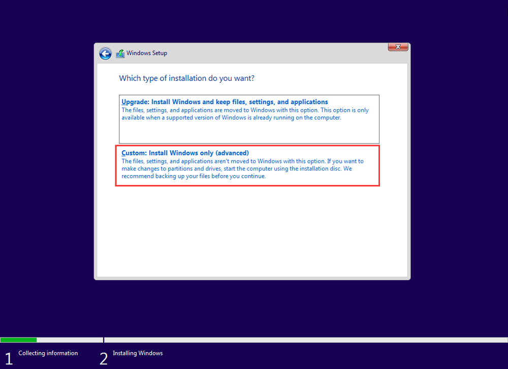 elija Personalizado: instalar solo Windows (avanzado)