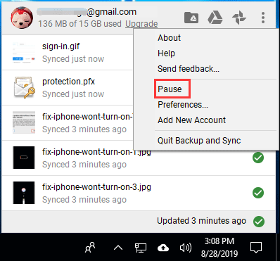 pausa Copia de seguridad y sincronización de Google Drive