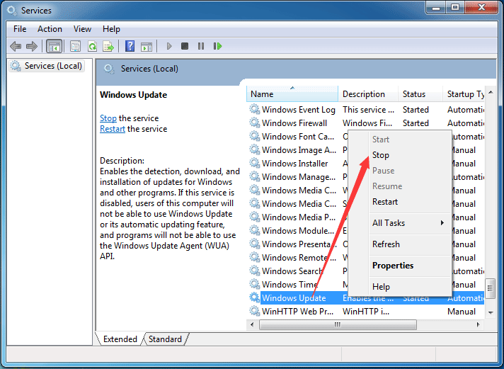 elija Windows Update y seleccione Detener para continuar